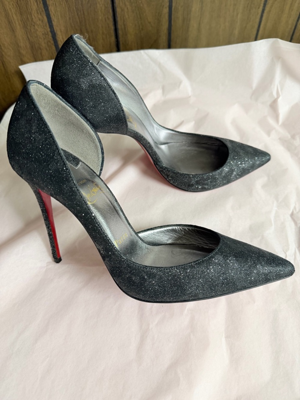 Christian Louboutin Black Glitter Pointed D'Orsay Stilettos with Red Soles